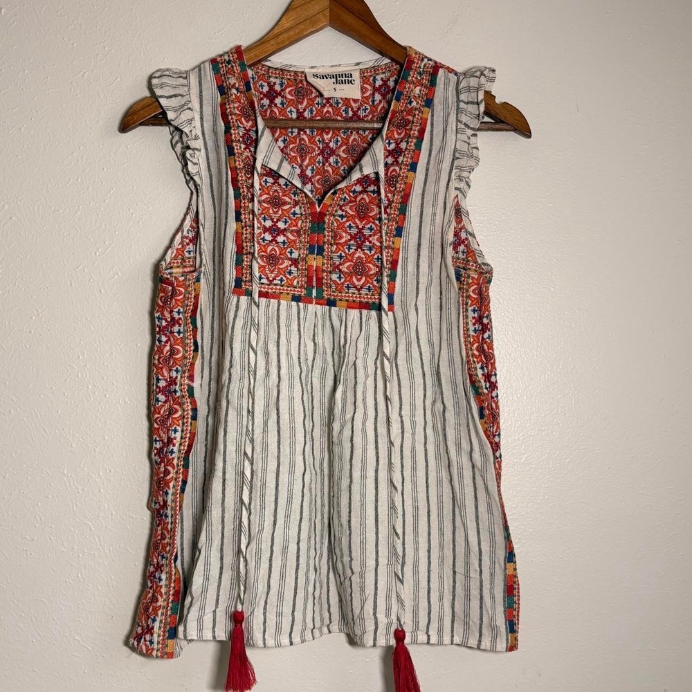 Savanna Jane Top Womens S Multicolor Embroidery Peasant Short Sleeve Boho